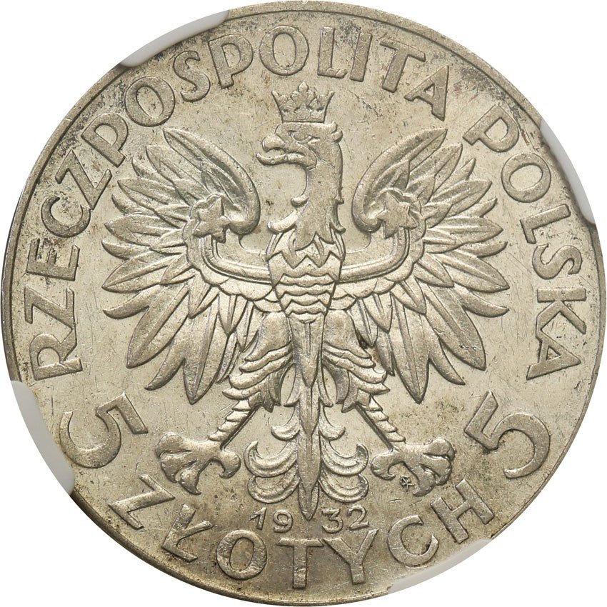 II RP. 5 złotych 1932 głowa kobiety, ze ZNAKIEM MENNICY NGC AU55 - RZADKOŚĆ
